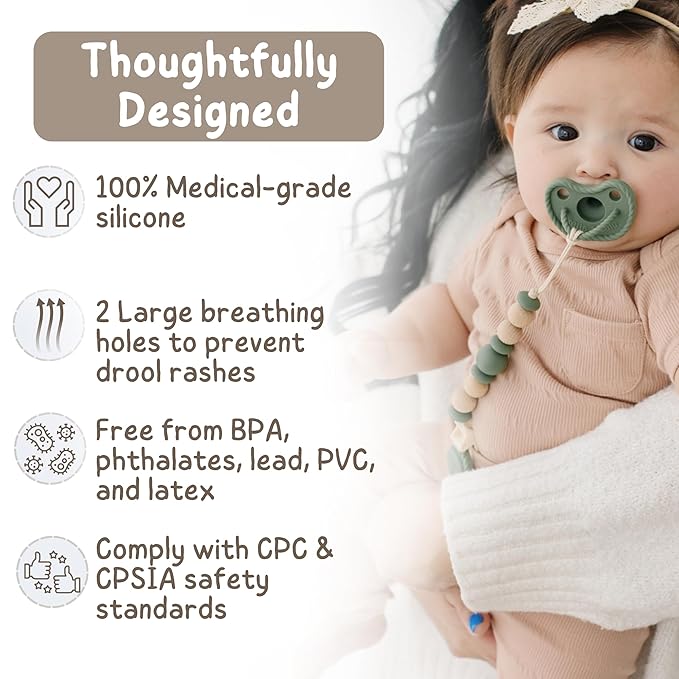 Mila & Lulu Round Shape Silicone Pacifiers (Set of 2); 0 Months and up; 100% Food-Grade Silicone; Ultra-Light Silicone Binkies Set; 1 Piece Design (Olive/Ocean)