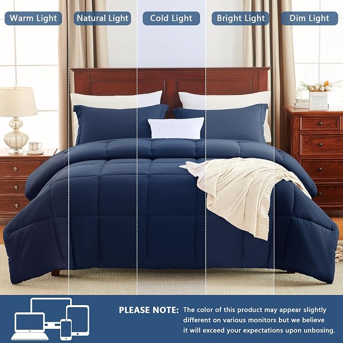 CozyLux Super King Plus Comforter Set, 3 Pieces Navy Blue 128x120 Box Stitched - Image 5