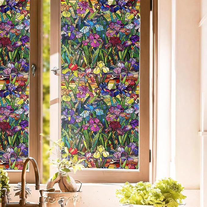 Colorful Purple Red Yellow Iris Flowers Stained Glass Window Films Decorative by Unknown