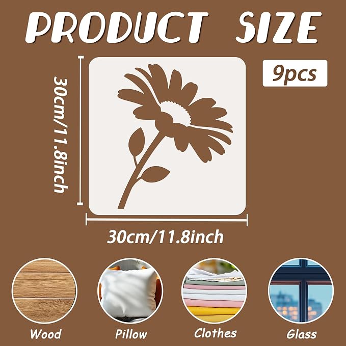 9pcs Large Flower Stencils for Painting on Wall Dasiy Flower Stencils for - Image 2
