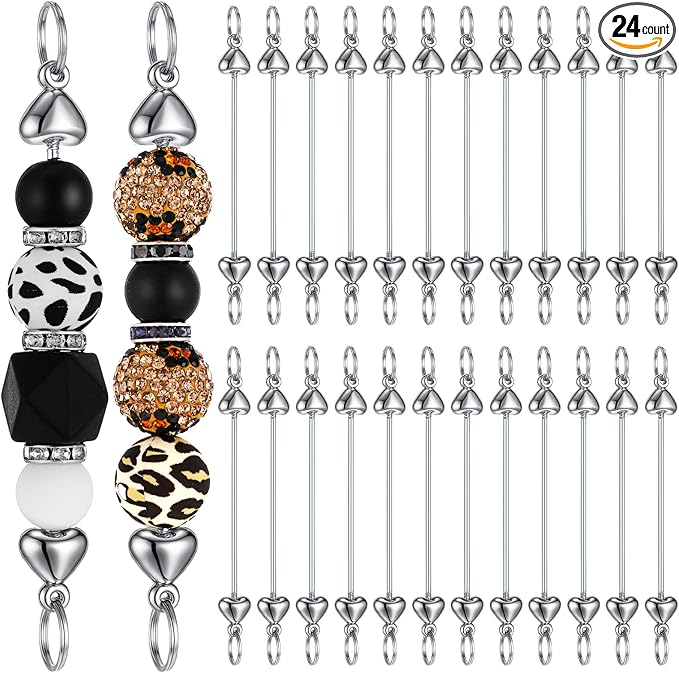 Tondiamo 24 Pcs Beadable Keychain Bars Bulk Blank DIY Metal Heart Beaded by Tondiamo