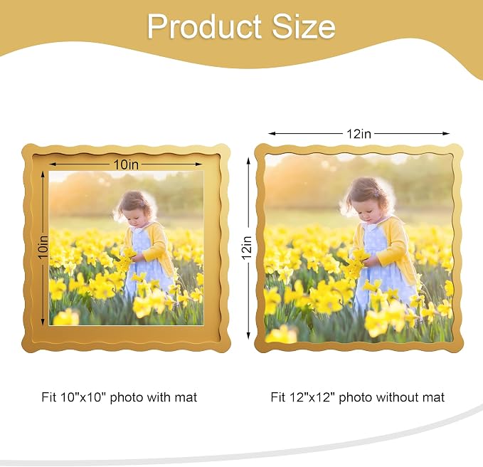 12x12 Picture Frame with Mat for 10x10, Wavy Edge Wooden Real Glass Photo Frame - Image 3