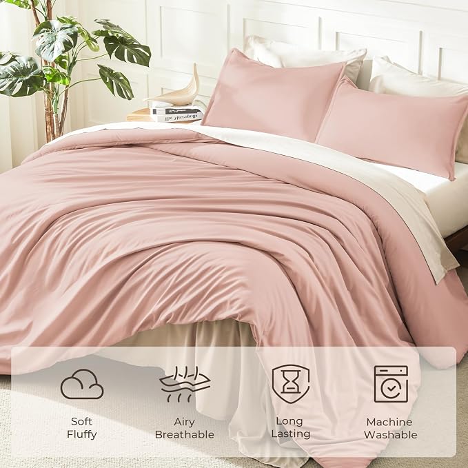 Litanika Pink Comforter Set King Size, 3 Pieces Blush Plain Bedding Comforter - Image 3