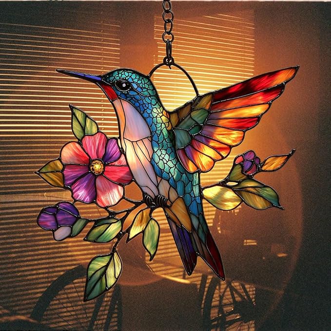 Flowers and Hummingbird Acrylic Suncatcher Stained Glass Effect Window Car - Image 7