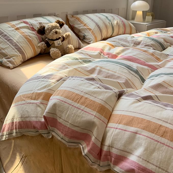 mixinni Vintage Striped Duvet Cover Set Queen, 3-Piece 100% Washed Cotton - Image 5