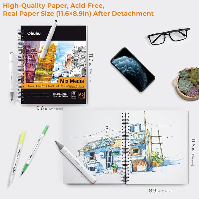 Ohuhu Mix Media Pad, 8.8" x 11.6" Mixed Media Art Sketchbook, 120 LB/200 GSM - Image 3