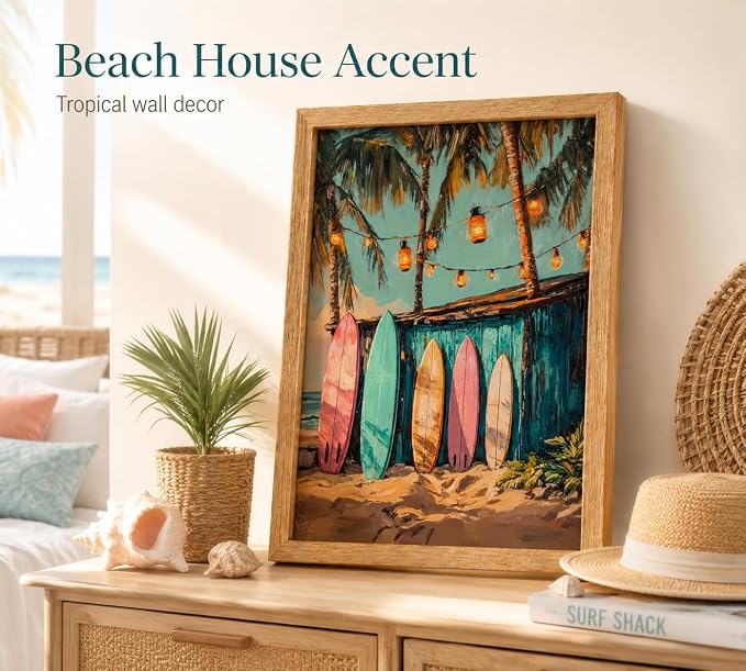 Framed Vintage Surfboard Canvas Wall Art, Tropical Palm Trees Painting Picture - Image 2