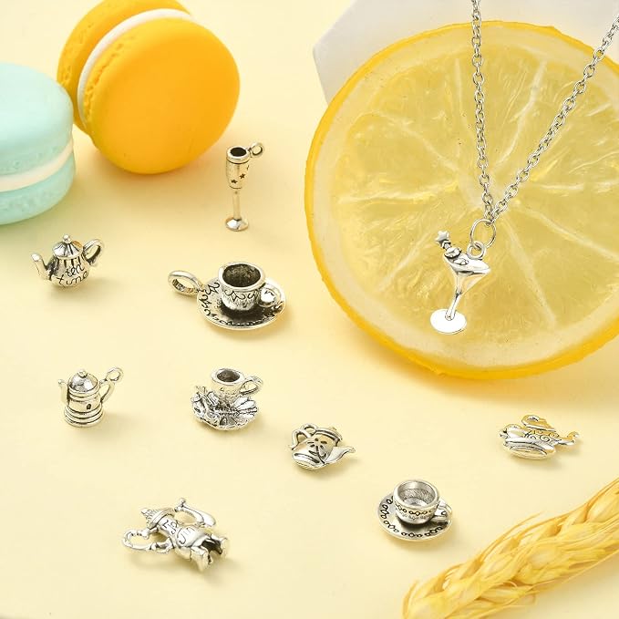 DanLingJewelry 100Pcs 10 Styles Antique Silver Afternoon Tea Theme Charms Tea - Image 5