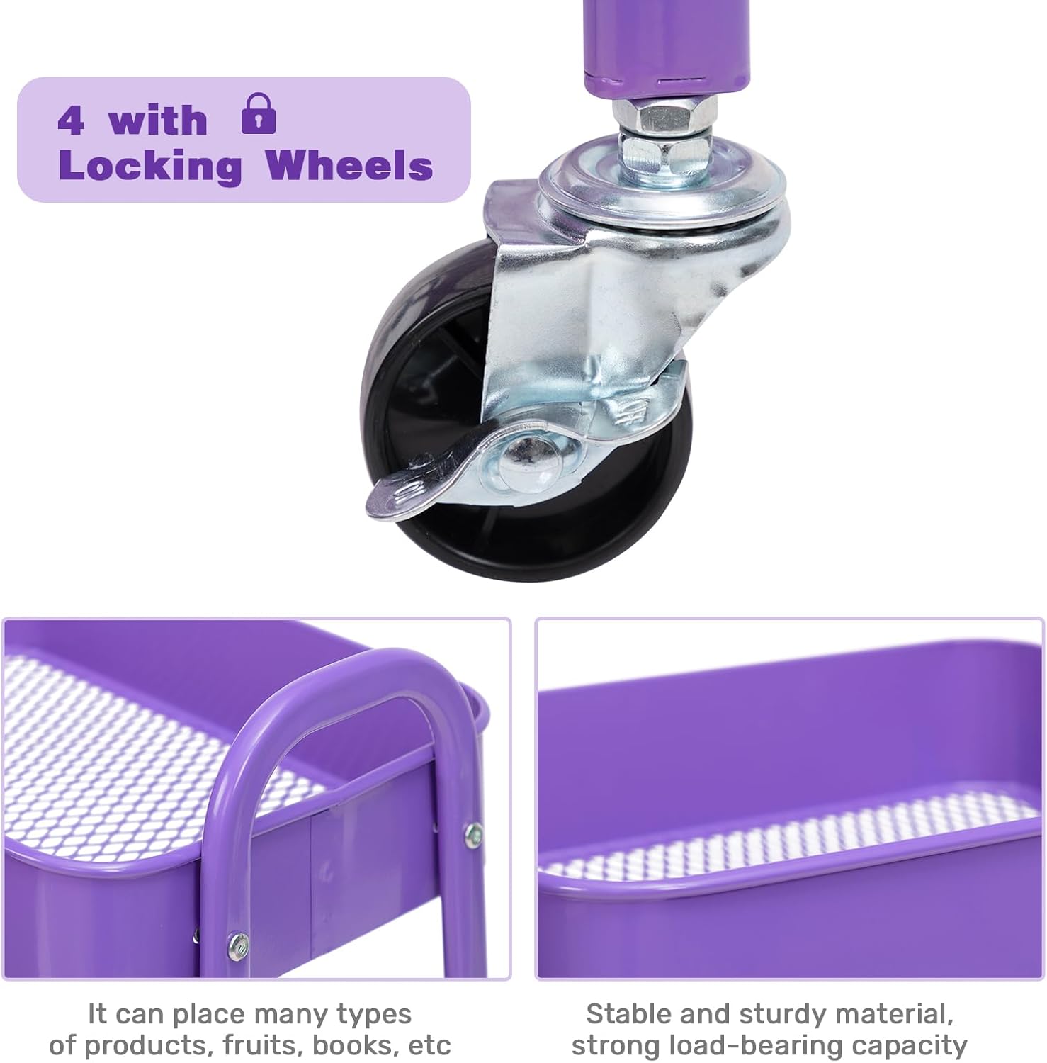 AGTEK Makeup Cart, Movable Rolling Organizer Cart, 3 Tier Metal Utility Cart with Lockable Wheels for Home & Office, Violet