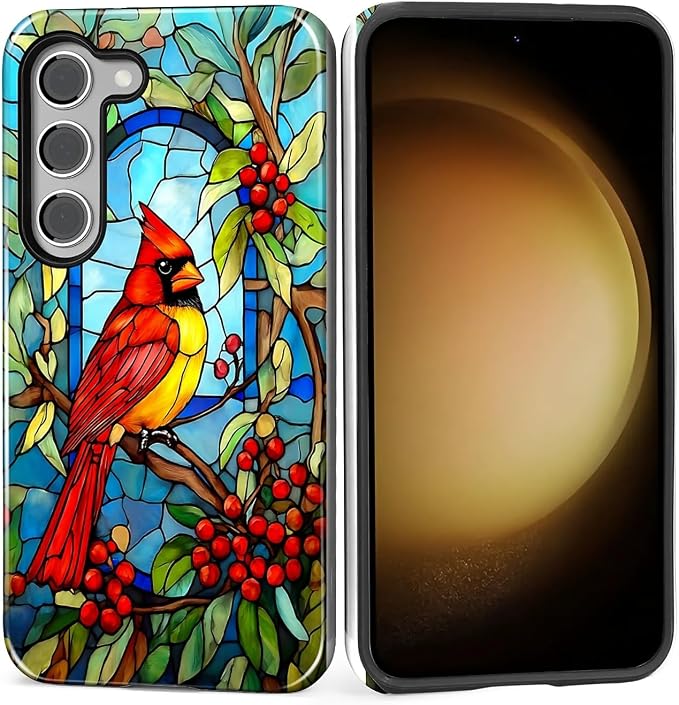 for Samsung Galaxy S23 Case, Stained Glass Cardinal Bird Pattern Glossy 2 in 1 by Teonvpu