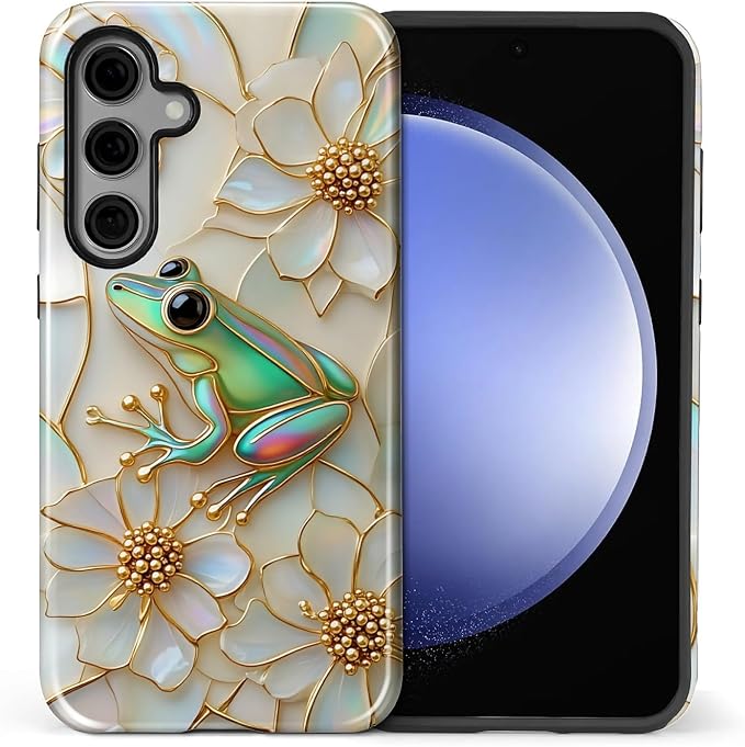 for Samsung Galaxy S24 Case, Stained Glass Frog Flowers Pattern Glossy 2 in 1 - Image 2