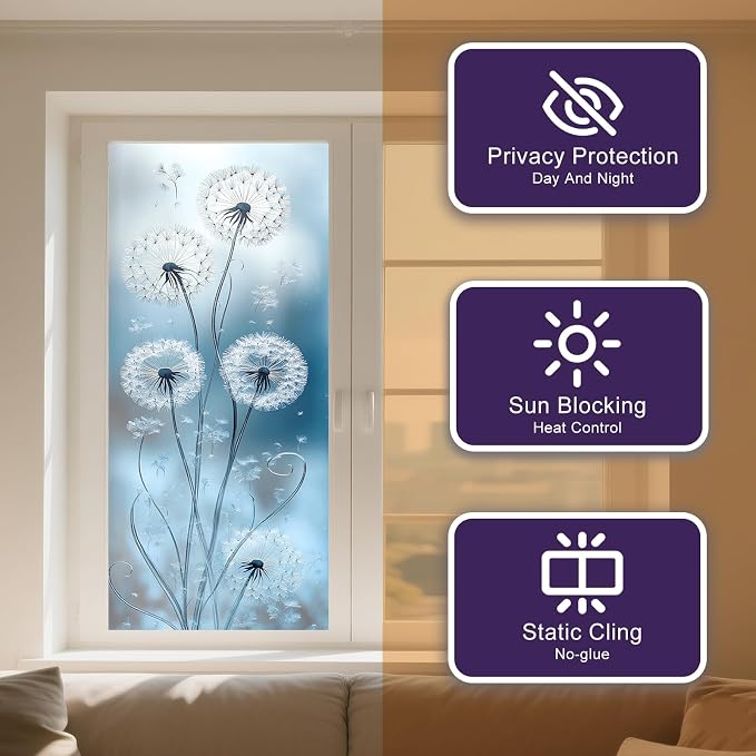 IVN Privacy Window Film Stained Glass Window Cling White Dandelion Design - Image 9