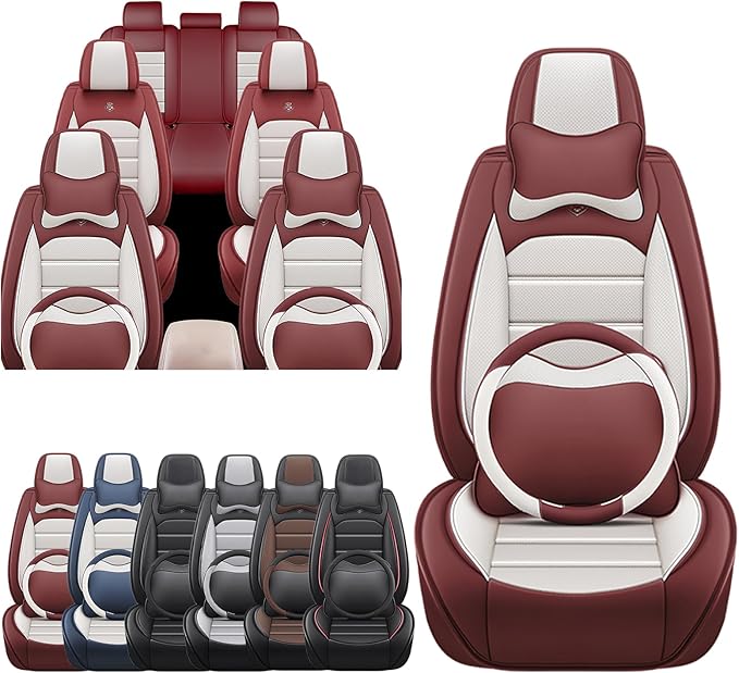 JOJ Car Seat Cover Fit for Toyota Highlander 2001-2025,7 Seat Car Seat Cover,No-Slip Waterproof Breathable Faux Leather,Full Set with Pillow Steering Wheel Covers,Cream Red