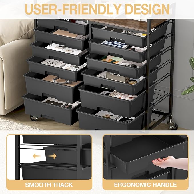 Rolling Storage Cart with 12 Drawers, Wooden Tabletop Utility Cart - Image 7