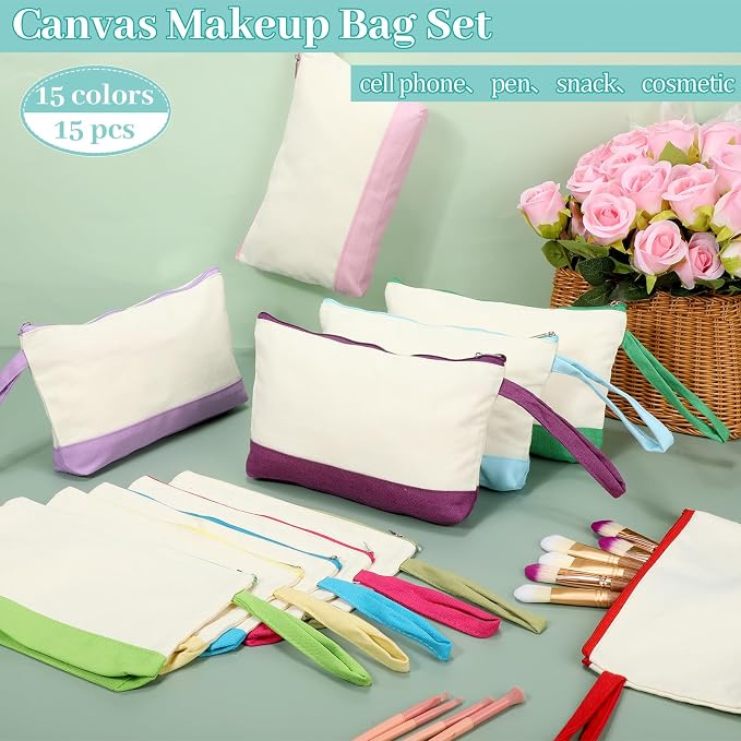 Silkfly 15 Pcs Cotton Canvas Makeup Bags Cosmetic Zipper Bags 10.2 x 5.5 x 2'' - Image 4