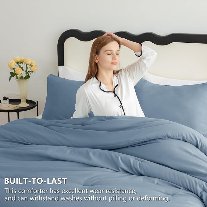 CozyLux Queen Comforter Set Grayish Blue, 3 Pieces Solid Comforters Queen Size - Image 3