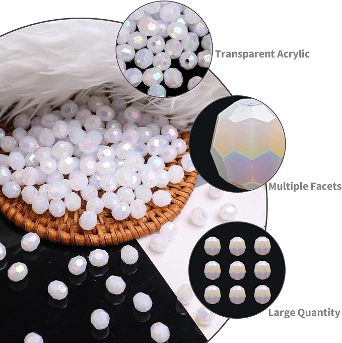 BONNY BOXX 500pcs 8mm Acrylic Faceted Round Crystal Beads White AB Loose Spacer - Image 2