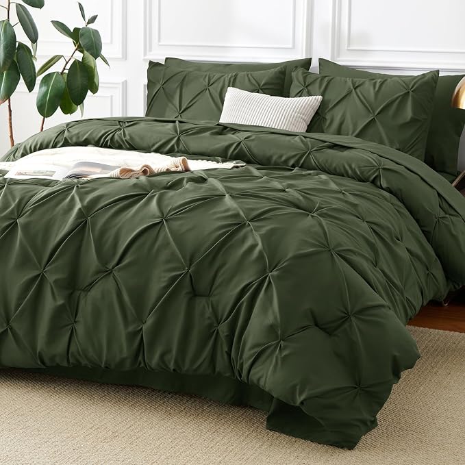 CozyLux King Size Comforter Set Olive Green, 7 Pieces Pintuck Bed in A Bag by CozyLux