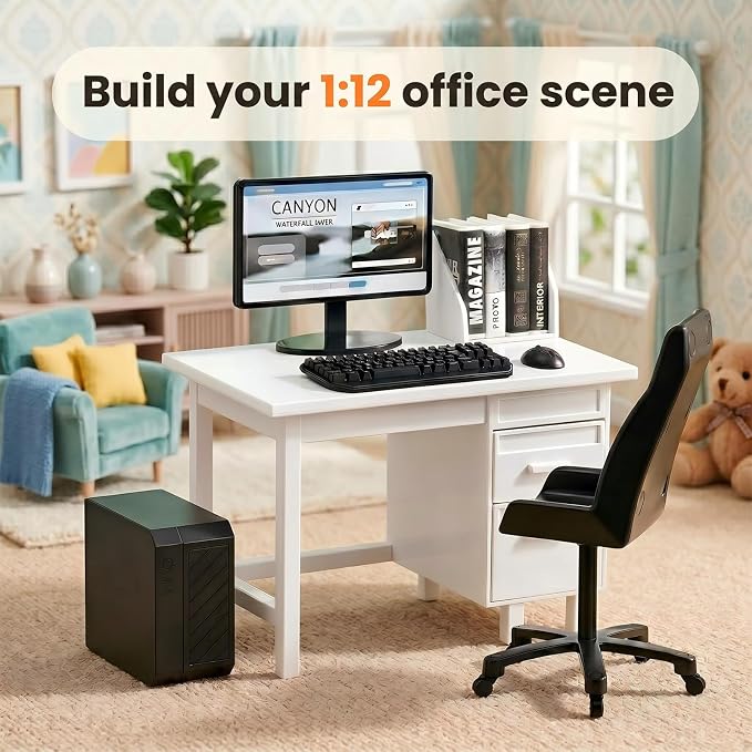 1:12 Scale Miniature Computer Desk & Chair Set – Dollhouse Office Furniture - Image 4