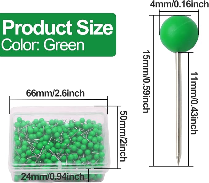 Green Map Pins, 1/8 Inch, Round Ball Head | Map Tacks, Small Thumb Tacks - Image 2