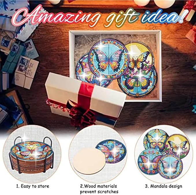 8 Pack Diamond Art Coasters, Butterfly Diamond Painting Coasters Kits | - Image 7