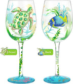 NymphFable 100% Hand-Painted Wine Glass Ocean Turtles Seagrasses Glass Artisan by NymphFable