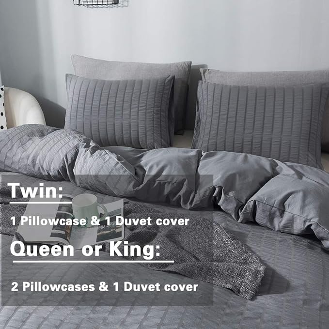 AveLom Seersucker Duvet Cover Set King Size, 3 Pieces, Dark Gray Ultra Soft - Image 6
