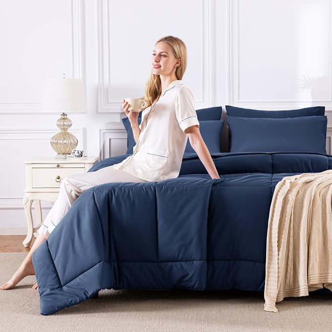 CozyLux California King Comforter Sets Navy Blue, 7 Pieces Cal King Bed in a Bag - Image 7