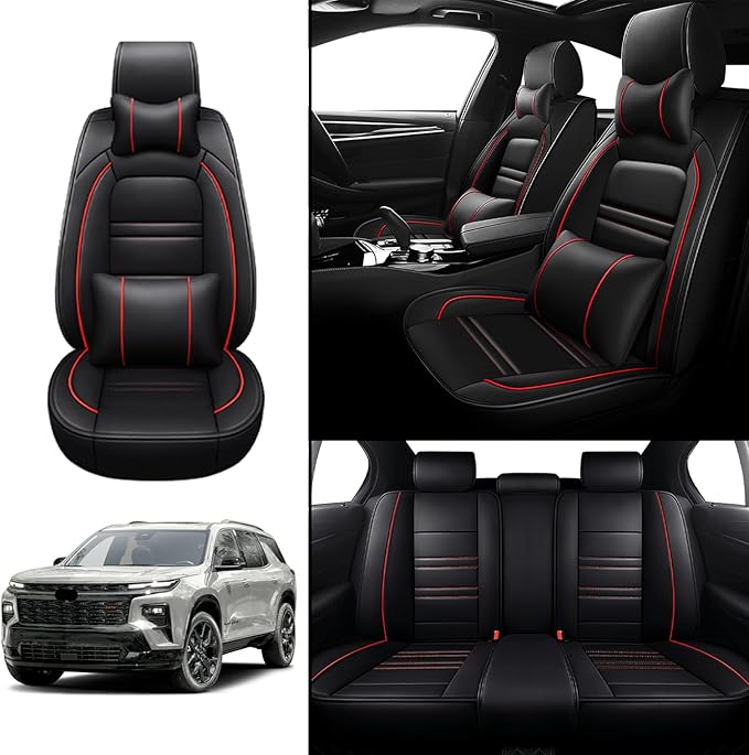 Car Seat Covers for Chevy Traverse 2009-2025 | 5-Seats Seat Covers, Waterproof Seat Protectors, Automotive Seat Covers (Full Set with Pillow,Black&Red Line)