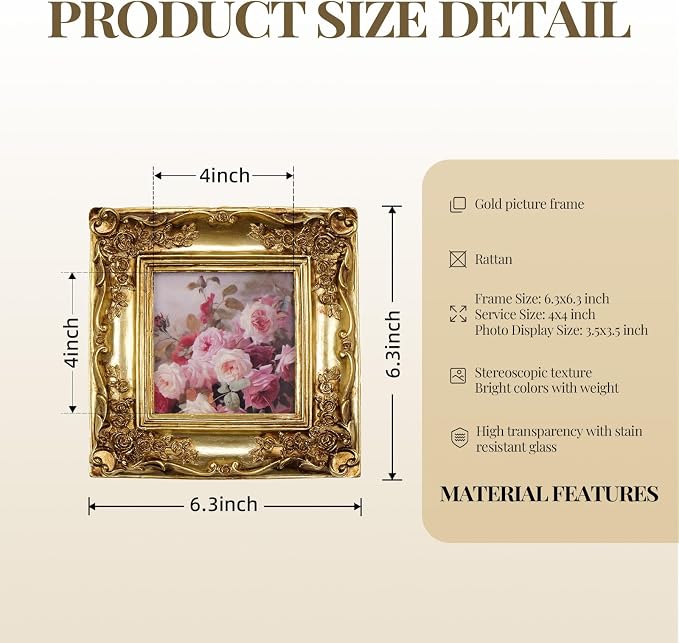 Cuspin 4x4 Gold Picture Frame Square, Vintage Ornate Resin Photo Frame - Image 5