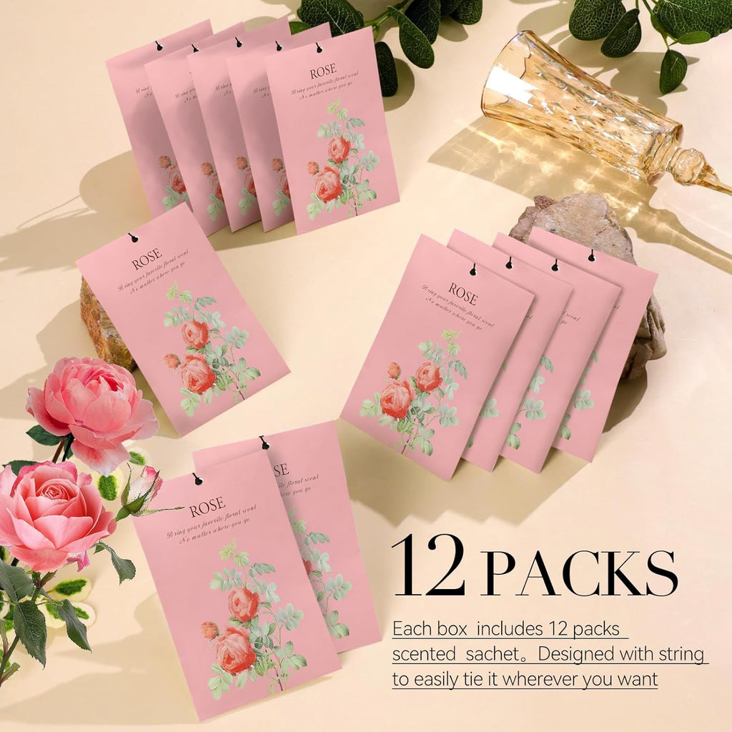 Rose Scented Sachet Bags - 12 Pack Closet Freshener Odor Eliminator, Long Lasting Home Fragrance for Drawers, Wardrobes & Cars, House Smell Good Products, Air Freshener for Closet