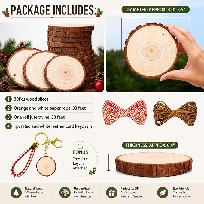 SENMUT Wood Slices 30 Pcs 3.1-3.6inch Natural Rounds Unfinished Wooden Circles - Image 3