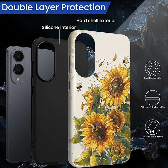 for Samsung Galaxy S25 Edge Case, Sunflowers Bees Pattern Glossy 2 in 1 - Image 3