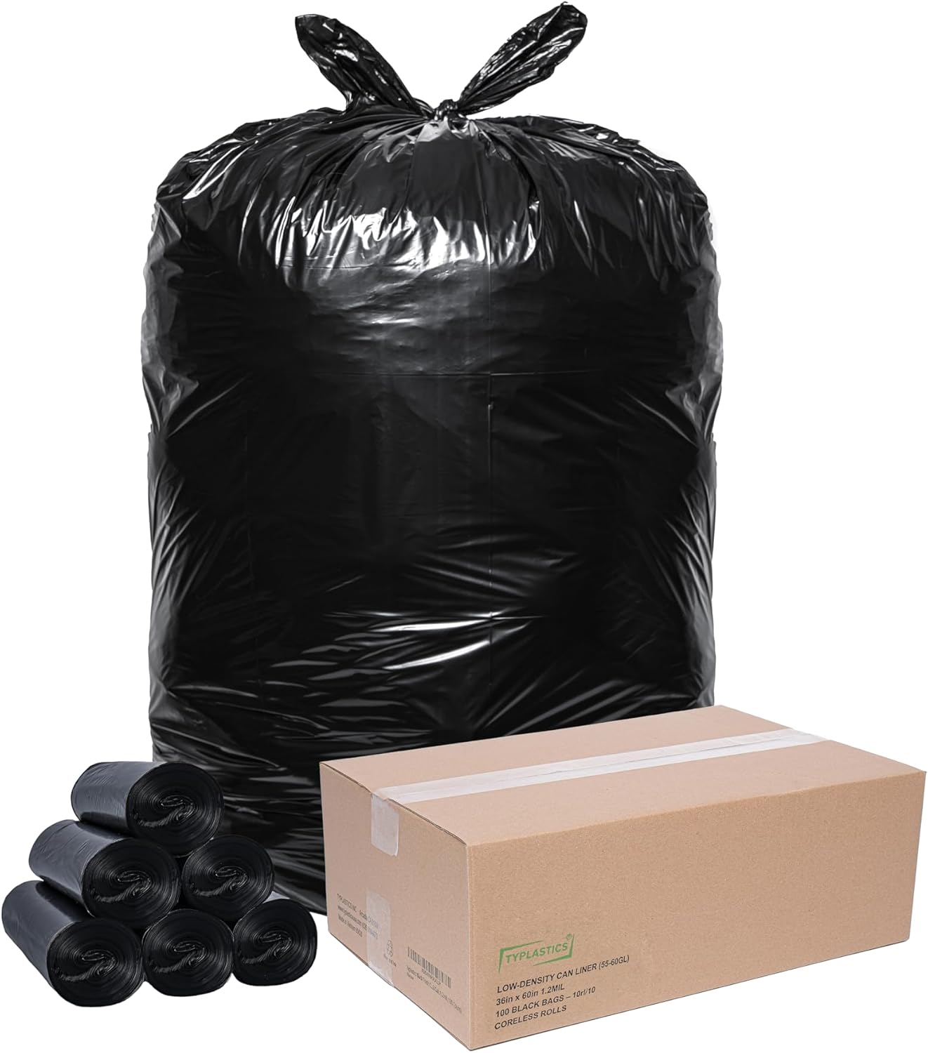 TYPLASTICS Heavy Duty 55-60 Gallon Trash Can Liners, 36" x 60", 1.2Mil, Black Garbage Bags, Multipurpose for Lawn, Leaf, Yard, Office, Outdoor, Gardening, Commercial and Industrial - Boxes of 100