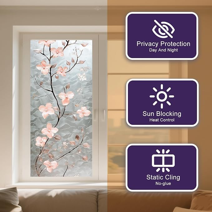 IVN Privacy Window Film Stained Glass Window Cling Pink Blossom Design - Image 9