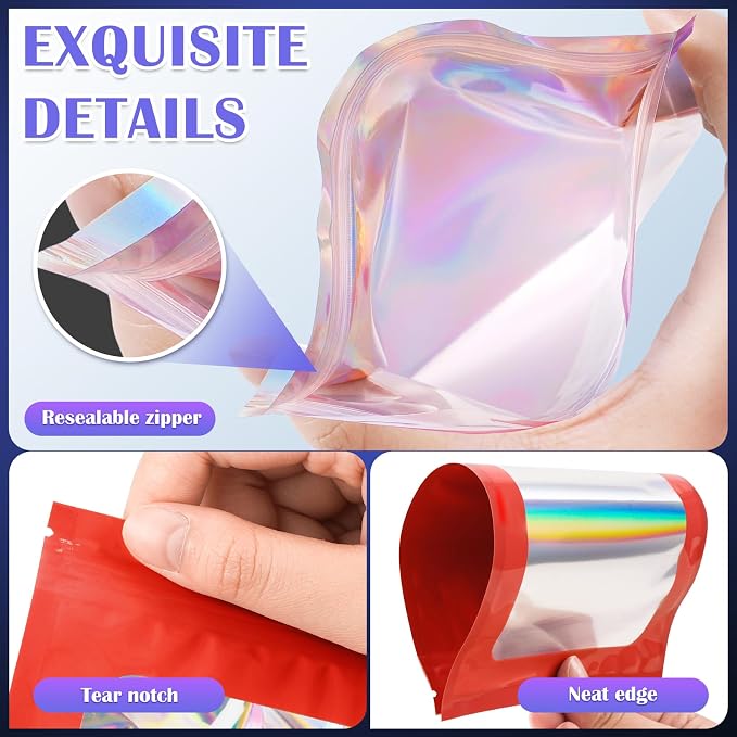 JETMORE 100 Pcs Mylar Bags, Smell Proof Bags Foil Pouch, Holographic Resealable - Image 5