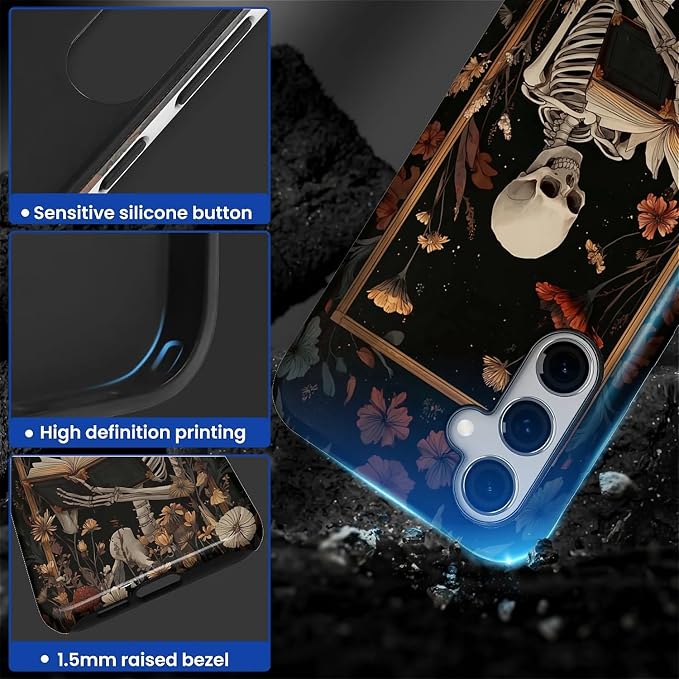 Case for Samsung Galaxy S24 Case, Skeleton Reader Goth Floral Design Hybrid - Image 5
