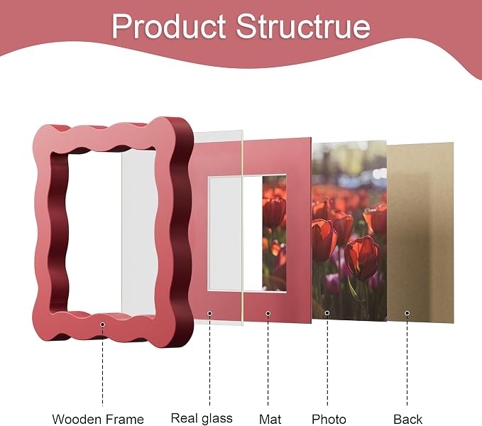 4x4 Picture Frame with Mat for 3x3, Wavy Edge Wooden Real Glass Photo Frame for - Image 5