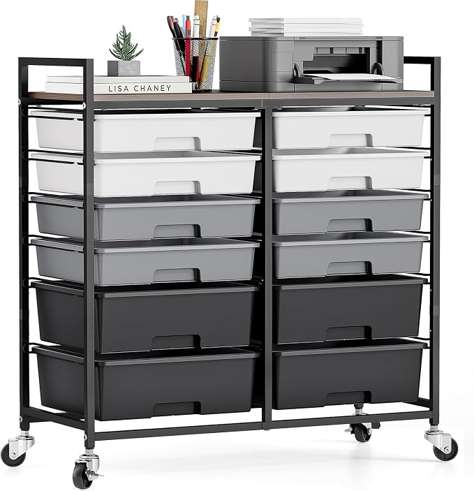 Rolling Storage Cart with 12 Drawers, Wooden Tabletop Utility Cart by TOOLF