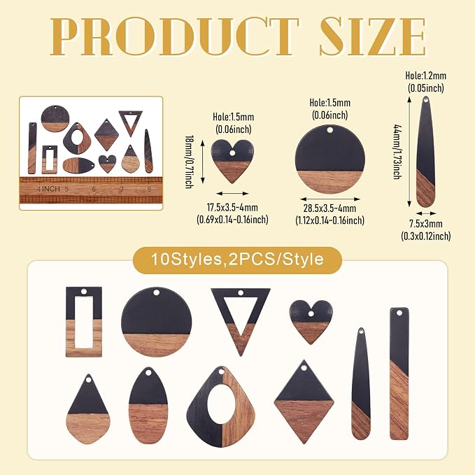 FASHEWELRY 20Pcs Resin Wooden Pendants 10 Styles Rectangle Teardrop Rhombus - Image 3