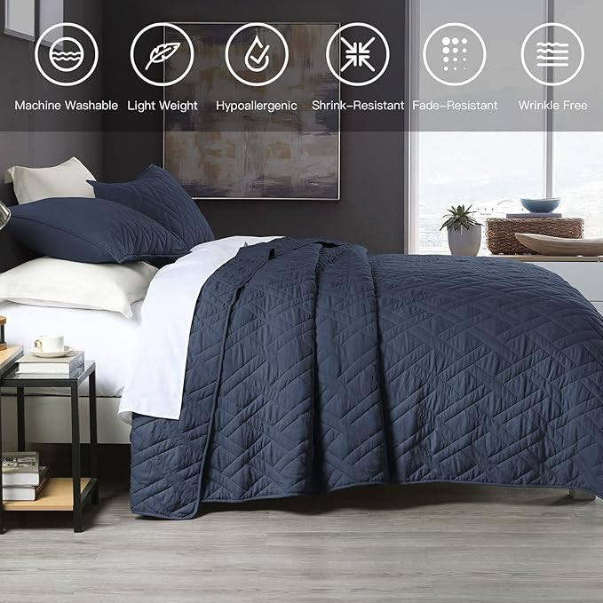 HORIMOTE HOME Quilt Set Queen Size Navy Blue, Classic Geometric Diamond - Image 6