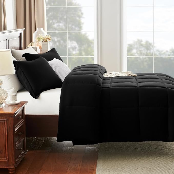 CozyLux Super King Plus Comforter Set, 3 Pieces Black 128x120 Box Stitched - Image 8