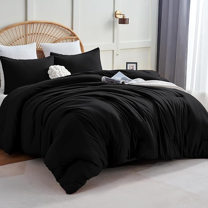 CozyLux Comforter Full Size Set Black, 3 Pieces Solid Lightweight Soft Bed Set by CozyLux