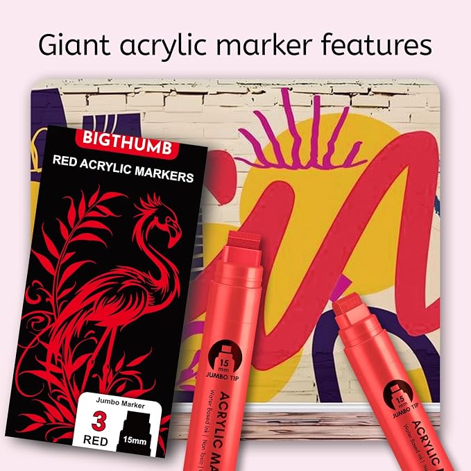BIGTHUMB 3 Pcs Red Jumbo Permanent Markers: 15mm Wide Tip Thick Acrylic Paint - Image 6
