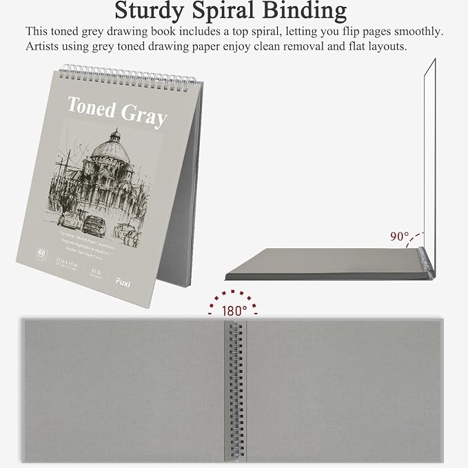 Fuxi Toned Gray Sketchbook 11x14, Large Drawing Pad, 60 Sheets Spiral Bound - Image 4