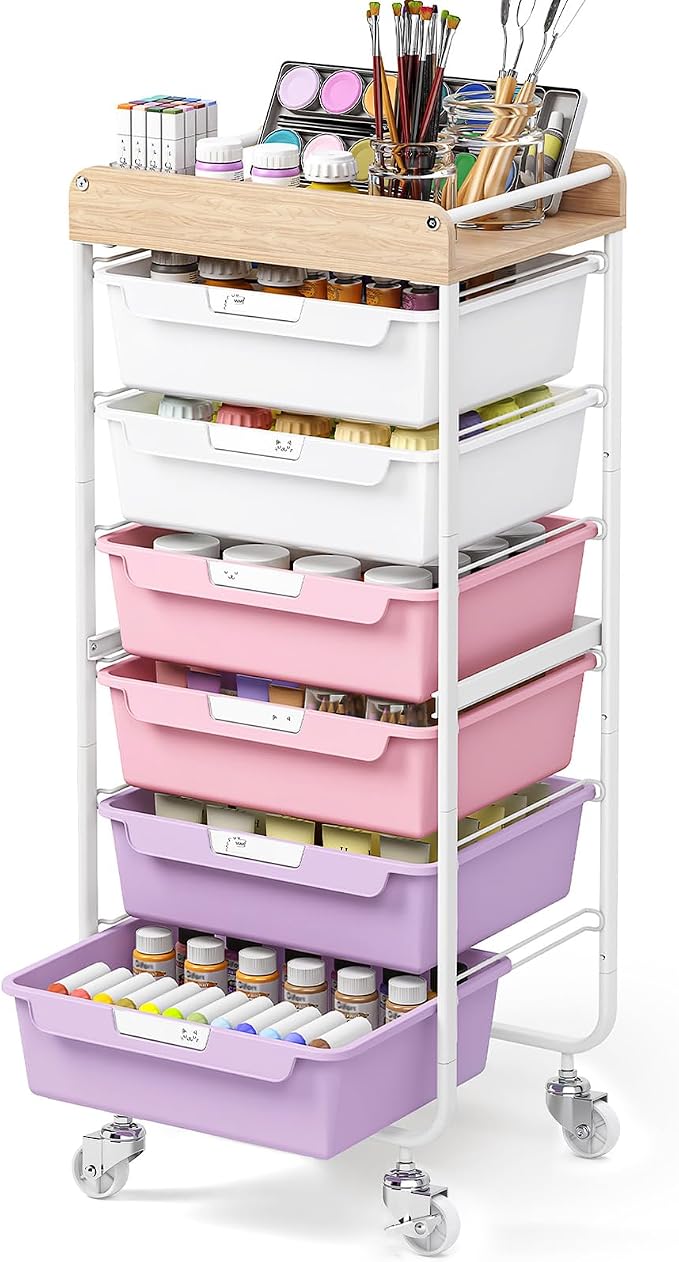 SYKIARIOL Utility Cart with 6 Labeling Drawers and Wooden Tabletop – Rolling by SYKIARIOL