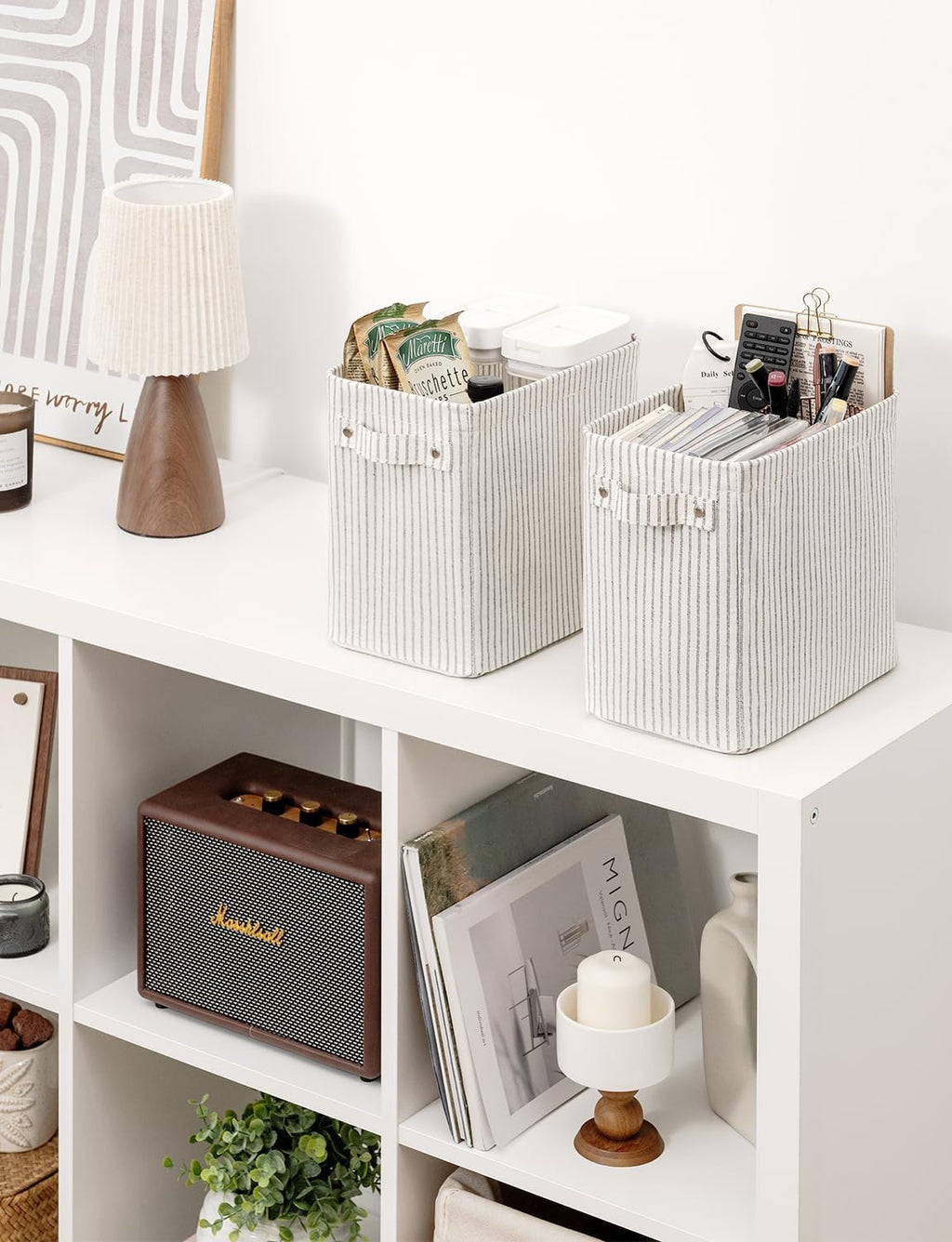 StorageWorks Narrow Storage Bins, Small Basket for Closet and Shelves, Rectangular Fabric Organizer with Handles, Toilet Paper Storage, Khaki and Beige Stripes, 2-Pack