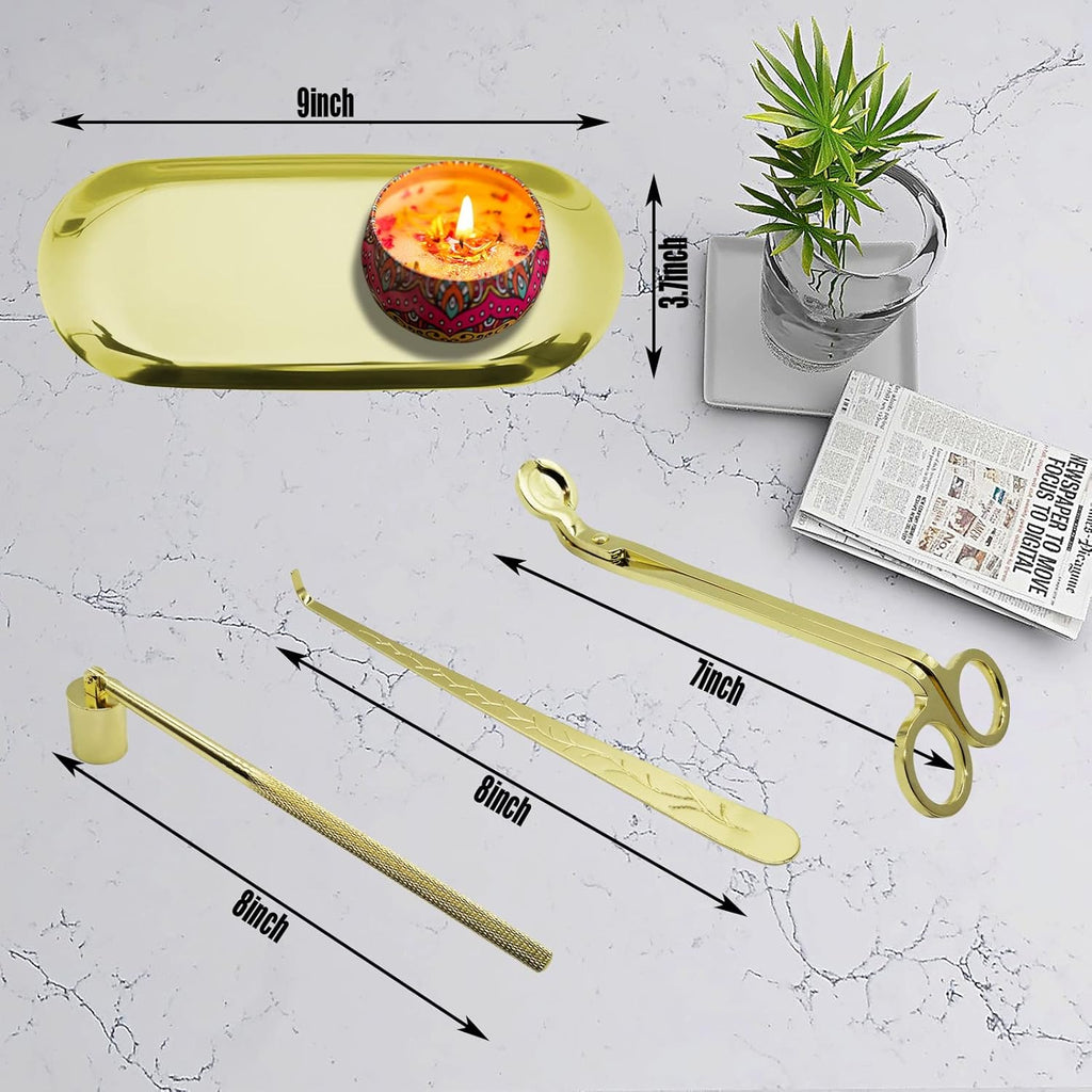 4 in1 Candle Accessory Set with Storage Tray Plate, Candle Wick Trimmer, Candle Wick Snuffer, Candle Wick Dipper, Great for Scented Candles Lovers (Gold)