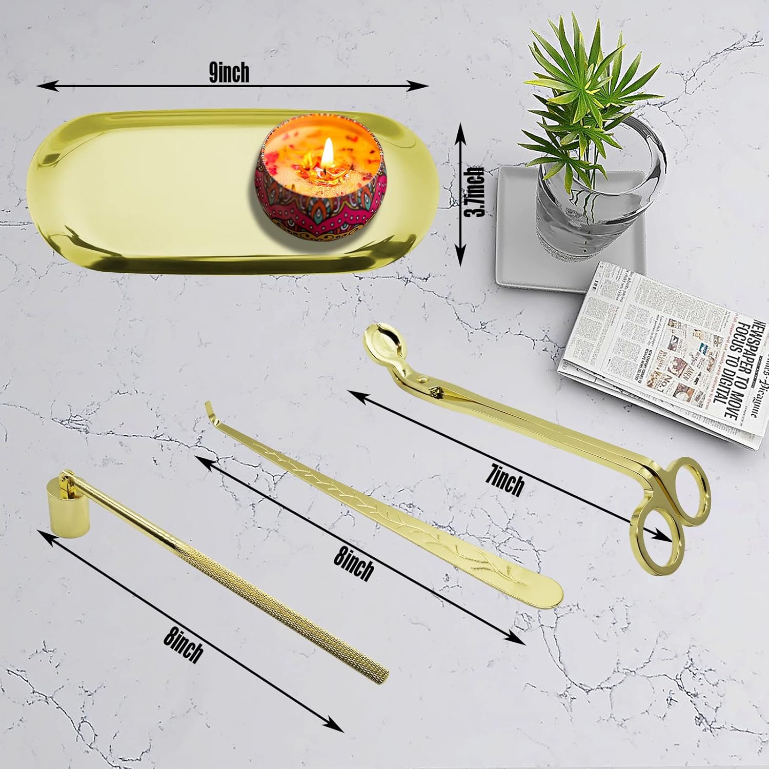 4 in1 Candle Accessory Set with Storage Tray Plate, Candle Wick Trimmer, Candle Wick Snuffer, Candle Wick Dipper, Great for Scented Candles Lovers (Gold)