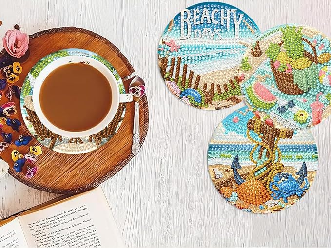 Benjenes 8 PCS Diamond Art Coasters Kits Beach Diamond Painting Coaster | - Image 7